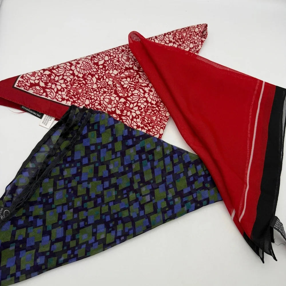Cejon Accessories Scarf Lot‎ of 3 Red Floral Geometric Sheer Neck Scarves Italy